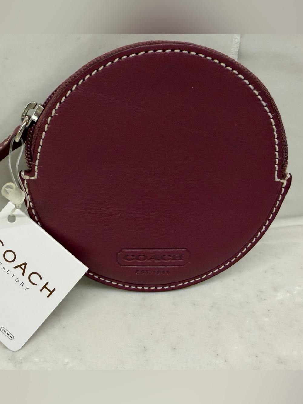 NWT Coach Factory Round Leather Coin Case in Burgundy with Coach Drawstring Bag